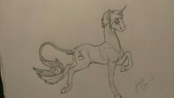 Size: 512x288 | Tagged: safe, artist:halcyon noctem, derpibooru import, oc, oc only, oc:java bean, classical unicorn, pony, unicorn, leonine tail, monochrome, traditional art