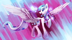 Size: 992x561 | Tagged: safe, artist:sylvaur, derpibooru import, oc, oc only, oc:starline, pegasus, pony, female, large wings, looking back, mare, open mouth, raised hoof, solo, spread wings, wings