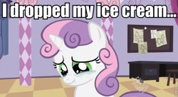 Size: 634x344 | Tagged: safe, sweetie belle, crying, ice cream, image macro, impact font, meme, sad, scrunchy face, solo