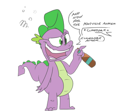 Size: 1859x1694 | Tagged: safe, artist:fledgex, derpibooru import, spike, dragon, beer, beer belly, drunk, drunker spike, solo, speech bubble, this will not end well