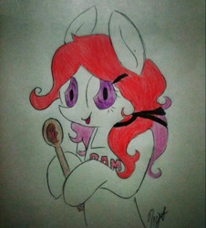 Size: 867x960 | Tagged: safe, artist:miss-racco0n, derpibooru import, oc, oc only, earth pony, pony, apron, clothes, fondue drizzle, hairband, solo, spoon, traditional art