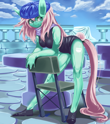 Size: 1280x1440 | Tagged: safe, artist:m@k, derpibooru import, oc, oc only, oc:congee, anthro, anthro oc, chair, clothes, solo, swimsuit