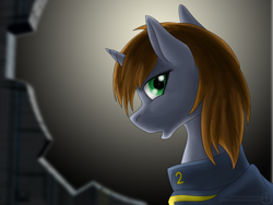 Size: 1600x1200 | Tagged: safe, artist:adalbertus, derpibooru import, oc, oc only, oc:littlepip, pony, unicorn, fallout equestria, clothes, fanfic, fanfic art, female, horn, mare, open mouth, solo, vault suit