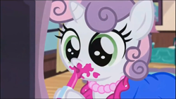 Size: 1366x768 | Tagged: safe, screencap, sweetie belle, pony, unicorn, for whom the sweetie belle toils, 5-year-old sweetie belle, :o, clothes, cute, female, filly, hoof hold, jewelry, kissy face, lipstick, messy, mirror, necklace, open mouth, pearl necklace, solo, younger