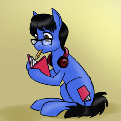 Size: 500x500 | Tagged: safe, artist:jitterbugjive, oc, oc only, oc:bookmark act, earth pony, pony, digital art, glasses, headphones, notepad, pencil, solo