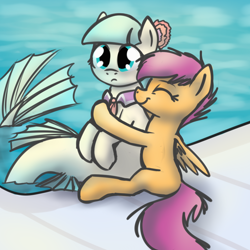 Size: 1000x1000 | Tagged: safe, artist:versimer, derpibooru import, coco pommel, scootaloo, merpony, duo, hug, smiling, species swap, swimming pool