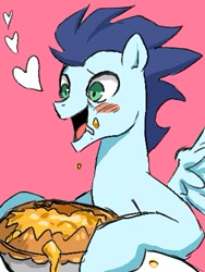 Size: 359x477 | Tagged: safe, artist:susu, derpibooru import, soarin', blushing, eating, happy, heart, pie, pixiv, solo, that pony sure does love pies