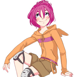 Size: 701x726 | Tagged: safe, artist:zoe-productions, derpibooru import, scootaloo, human, clothes, hoodie, humanized, knee pads, solo, winged humanization