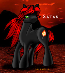 Size: 411x461 | Tagged: safe, artist:colormist, derpibooru import, frown, glare, horns, ponified, satan, solo, windswept mane