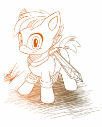 Size: 721x900 | Tagged: safe, artist:fuzon-s, button mash, earth pony, pony, blank flank, colt, don't mine at night, foal, gradient lineart, hooves, looking at you, male, monochrome, simple background, sketch, smiling, solo, sword, white background