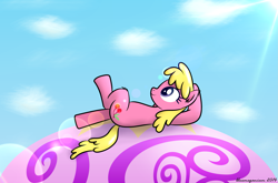 Size: 2155x1422 | Tagged: safe, artist:bluemeganium, derpibooru import, cherry berry, balloon, cloud, cloudy, crossed legs, hot air balloon, on back, relaxing, sky, solo, sun, sunshine, twinkling balloon