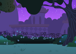 Size: 14000x10000 | Tagged: safe, artist:csillaghullo, absurd resolution, background, bush, canterlot, canterlot gardens, fence, flower, garden, night, palace, stars, tree, vector