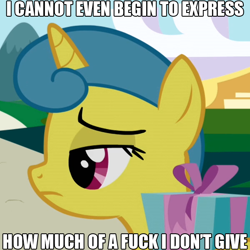 Size: 600x600 | Tagged: safe, derpibooru import, edit, edited screencap, screencap, lemon hearts, friendship is magic, frown, image macro, meme, no fucks, solo, unamused, vulgar