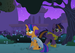 Size: 14000x10000 | Tagged: safe, artist:csillaghullo, oc, pegasus, pony, unicorn, absurd resolution, armor, bush, canterlot, canterlot gardens, crystal guard, crystal guard armor, fence, flower, night, palace, royal guard, stars, tree, vector