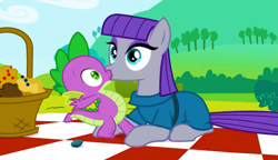 Size: 1209x696 | Tagged: safe, artist:sulyo, derpibooru import, maud pie, spike, dragon, female, hundreds of users filter this tag, interspecies, kissing, love, male, maudspike, shipping, straight