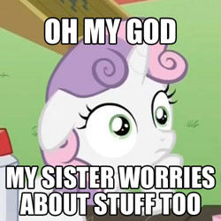 Size: 500x500 | Tagged: safe, sweetie belle, pony, unicorn, for whom the sweetie belle toils, female, filly, horn, image macro, meme, solo, sudden clarity sweetie belle, text, two toned mane, white coat, wide eyes