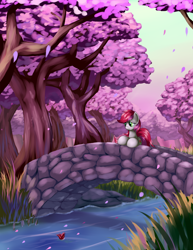 Size: 1700x2200 | Tagged: safe, artist:grennadder, derpibooru import, roseluck, bridge, cherry blossoms, cherry orchard, cherry tree, river, solo, tree, water