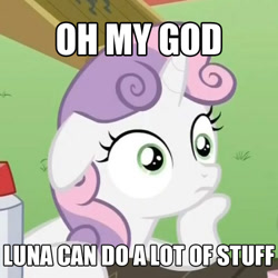 Size: 500x500 | Tagged: safe, edit, edited screencap, screencap, sweetie belle, pony, unicorn, for whom the sweetie belle toils, ponyville confidential, cropped, female, filly, floppy ears, hoof on chin, horn, image macro, meme, solo, sudden clarity sweetie belle, text, two toned mane, white coat, wide eyes