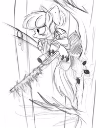 Size: 3000x4000 | Tagged: safe, artist:ncmares, apple bloom, cyborg, earth pony, pony, fanfic:night mares, black and white, fanfic, fanfic art, female, filly, grayscale, gun, hooves, monochrome, optical sight, rifle, sketch, sniper, sniper rifle, solo, weapon