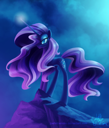 Size: 1280x1503 | Tagged: safe, artist:joellethenose, derpibooru import, nightmare rarity, pony, unicorn, cloud, female, glowing horn, ledge, lidded eyes, looking at you, mare, night, signature, slit eyes, smiling, solo, standing, wingding eyes