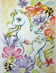 Size: 2856x3744 | Tagged: safe, artist:animeangel07, bee, pegasus, pony, g1, flower, flying, honeycomb, solo, traditional art