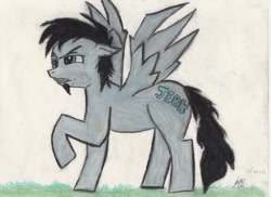 Size: 1023x744 | Tagged: safe, artist:purpleslyfox, derpibooru import, dan, dan vs, ponified, solo, traditional art