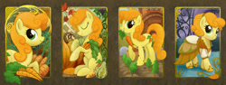 Size: 1800x675 | Tagged: safe, artist:soulscapecreatives, derpibooru import, carrot top, golden harvest, carrot, clothes, cute, cutie top, dress, eyes closed, garden, grin, mouth hold, pumpkin, raised hoof, sitting, smiling, trading card
