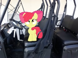 Size: 2592x1944 | Tagged: safe, artist:huskkies, artist:tokkazutara1164, apple bloom, cute, golf cart, irl, looking up, photo, ponies in real life, seat, solo, vector