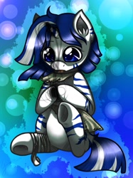 Size: 773x1034 | Tagged: safe, artist:eloise-chan, derpibooru import, oc, oc only, oc:umbra, zebracorn, bandage, belly, clothes, cute, filly, magic, open mouth, shadow magic, sitting, solo, underhoof