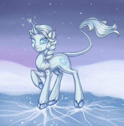 Size: 2200x2240 | Tagged: safe, artist:misukitty, classical unicorn, pony, unicorn, cloven hooves, cracking, crossover, disney, elsa, frozen (movie), ice, leonine tail, magic, pond, ponified, snow, snowfall, solo, water