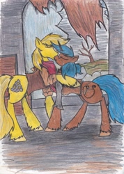 Size: 2476x3480 | Tagged: safe, artist:zubias, derpibooru import, oc, oc only, oc:fool's gold, oc:tripwire, fallout equestria, kissing, traditional art