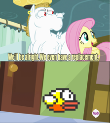 Size: 640x717 | Tagged: safe, derpibooru import, pegasus, pony, blonde, blonde mane, blonde tail, blue eyes, curtain, ear piercing, exploitable meme, female, flappy bird, looking to side, looking to the right, male, mare, meme, open mouth, piercing, pink mane, pink tail, red eyes, replacement meme, smiling, spread wings, stallion, text, white coat, wings, yellow coat