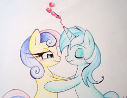 Size: 529x409 | Tagged: safe, artist:prettypinkpony, derpibooru import, bon bon, lyra heartstrings, sweetie drops, bon bon is not amused, female, heart, lesbian, lyrabon, shipping, traditional art