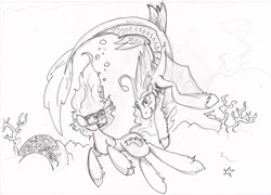 Size: 1280x920 | Tagged: safe, artist:zubias, derpibooru import, oc, oc only, merpony, monochrome, traditional art, underwater