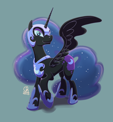 Size: 1000x1079 | Tagged: safe, artist:stinawo, nightmare moon, alicorn, black coat, female, horn, mare, simple background, solo