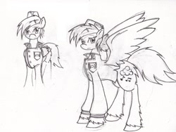 Size: 1280x965 | Tagged: safe, artist:zubias, oc, oc only, pegasus, pony, fallout equestria, enclave, grand pegasus enclave, monochrome, sketch, solo, traditional art