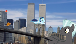 Size: 898x518 | Tagged: safe, soarin', thunderlane, pegasus, pony, background pony strikes again, male, manhattan, new york, new york city, photoshop, pie, stallion, twin towers, watermelon, world trade center