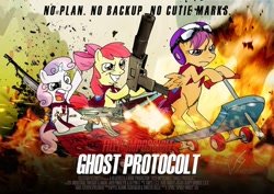 Size: 900x636 | Tagged: safe, artist:kapalsky, apple bloom, scootaloo, sweetie belle, cutie mark crusaders, explosion, gun, mac-10, magic, meme, mission impossible, mission: impossible – ghost protocol, movie poster, parody