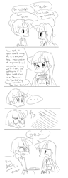 Size: 1152x3008 | Tagged: safe, artist:annie-aya, derpibooru import, dusk shine, twilight sparkle, human, comic, dialogue, humanized, monochrome, rule 63, self ponidox, sketch