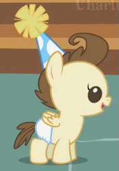 Size: 383x551 | Tagged: safe, screencap, pound cake, pony, baby cakes, baby, baby pony, cute, diaper, diapered, diapered colt, happy, happy baby, hat, one month old colt, open mouth, party hat, solo, standing, white diaper