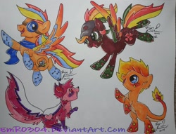 Size: 1024x781 | Tagged: safe, artist:emr0304, derpibooru import, oc, oc only, oc:berry blitz, oc:charmander, oc:rainbow flashover, oc:tech talk, goggles, rainbow power, rainbow power-ified, traditional art