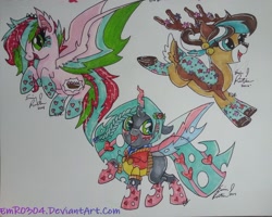 Size: 1024x821 | Tagged: safe, artist:emr0304, derpibooru import, oc, oc only, oc:gallow wisp, oc:jingles, oc:strawberry glimmer, changeling, rainbow power, rainbow power-ified, traditional art