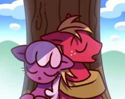 Size: 305x240 | Tagged: safe, artist:nmnkgskds, big macintosh, cheerilee, earth pony, pony, :o, cheerimac, cloud, eyes closed, female, male, mare, open mouth, pixiv, shipping, sky, sleeping, stallion, straight, tree