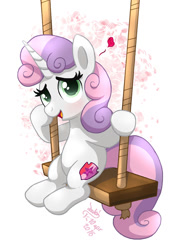 Size: 900x1240 | Tagged: safe, artist:joakaha, sweetie belle, cute, diasweetes, heart, open mouth, signature, sitting, solo, swing