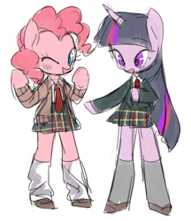 Size: 700x811 | Tagged: safe, artist:nitronic, derpibooru import, pinkie pie, twilight sparkle, pony, semi-anthro, bipedal, clothes, duo, necktie, pixiv, school uniform, skirt, socks, zettai ryouiki