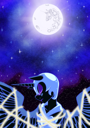 Size: 1568x2218 | Tagged: safe, artist:meb90, nightmare moon, anthro, moon, sleeping, solo, stars, trapped