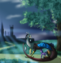 Size: 1566x1600 | Tagged: safe, artist:darkarlett, artist:shadowwolfhunter, derpibooru import, discord, twilight sparkle, twilight sparkle (alicorn), alicorn, pony, castle, discolight, female, male, mare, night, shipping, straight