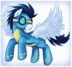 Size: 774x716 | Tagged: safe, artist:mn27, derpibooru import, soarin', flying, goggles, smiling, solo, spread wings, wonderbolts uniform