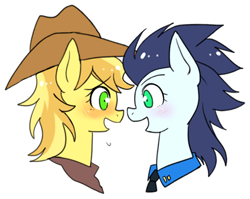 Size: 558x444 | Tagged: safe, artist:megarexetera, derpibooru import, bailey sweet, braeburn, glide, soarin', pony, blushing, eye contact, female, happy, honeyglide, lesbian, looking at each other, mare, open mouth, r63 shipping, rule 63, shipping, smiling, soarburn