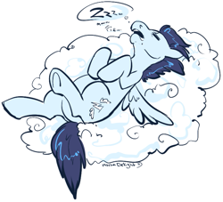 Size: 695x632 | Tagged: safe, artist:clovercoin, derpibooru import, soarin', cloud, eyes closed, legs in air, old cutie mark, on back, open mouth, sleeping, solo, spread wings, underhoof, zzz